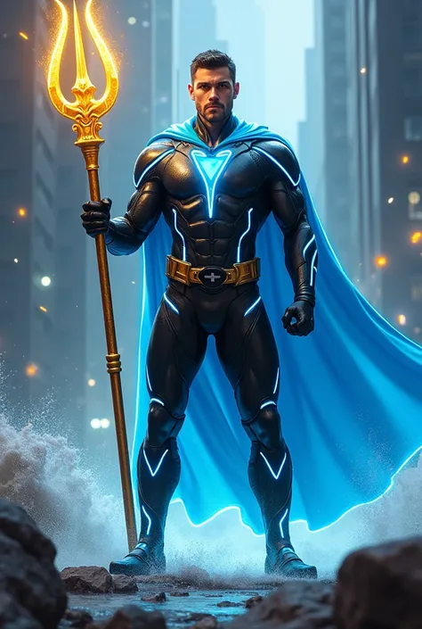 A superhero wearing neon blue and black costume and hold a golden trident on his hand handsome 