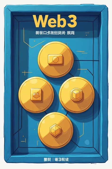 Create an illustration representing the transformation of digital ownership enabled by Web3. Draw a blue rectangular frame, and inside place three golden circles representing gaming, entertainment, and art. This symbolizes the various sectors that can bene...