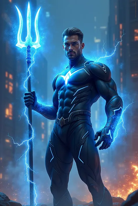 A superhero wearing neon blue and black costume and hold a go trident and lightning also in his trident on his hand handsome 