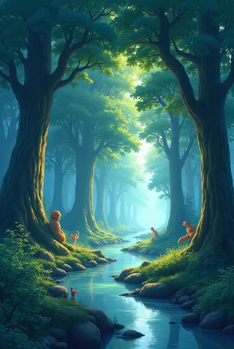  Viral anime nature wallpaper in 4K quality, in the style of digital illustration inspired by Hayao Miyazaki, featuring a serene forest with towering ancient trees, dappled sunlight filtering through the leaves, a gentle stream flowing through the scene, a...