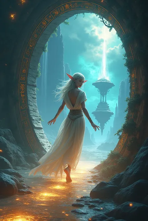 An elf crossing a magic portal, with mystical landscape