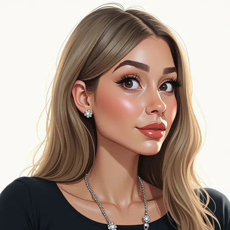 caricature of a woman, long straight hair, highlights, wearing black top, white necklace, stud earrings, indoor environment, soft lighting, minimal shadows, front view, close-up.