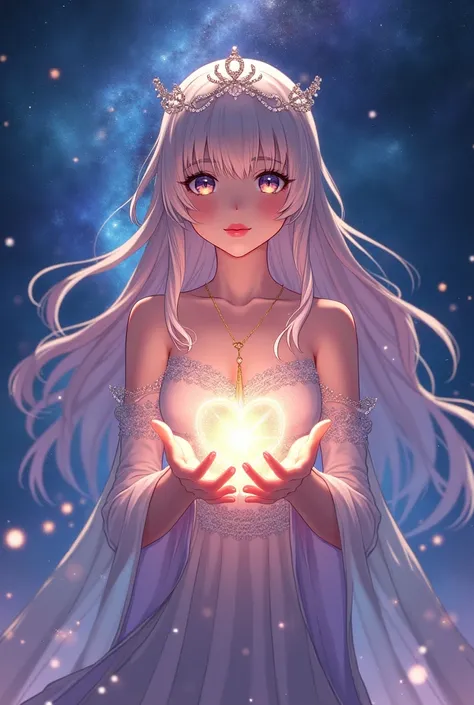 An anime(moe artstyle) woman,The queen of the milky way galaxy. holding the milky way galaxy itself in her gracious, beautiful hands.