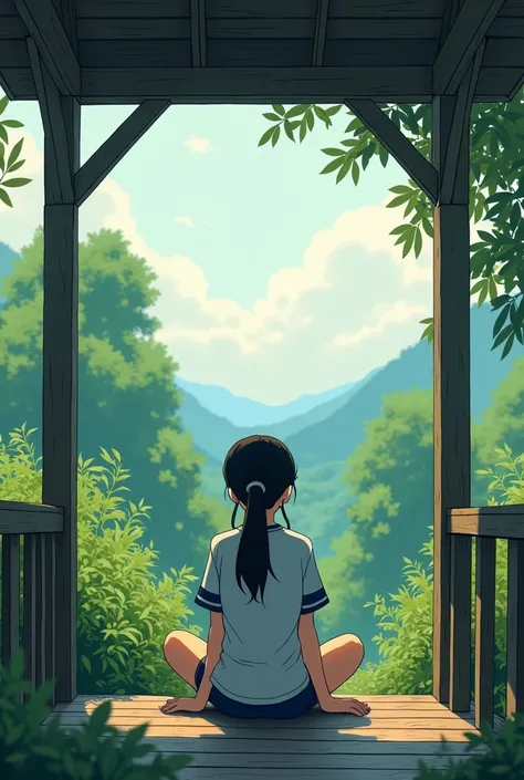 rain、A composition with the veranda as the center、Sitting with legs crossed、Cloudy、garden、summer、Only the wrist is visible、Ghibli style、high school girl、Jersey、ponytail、Looking into the back