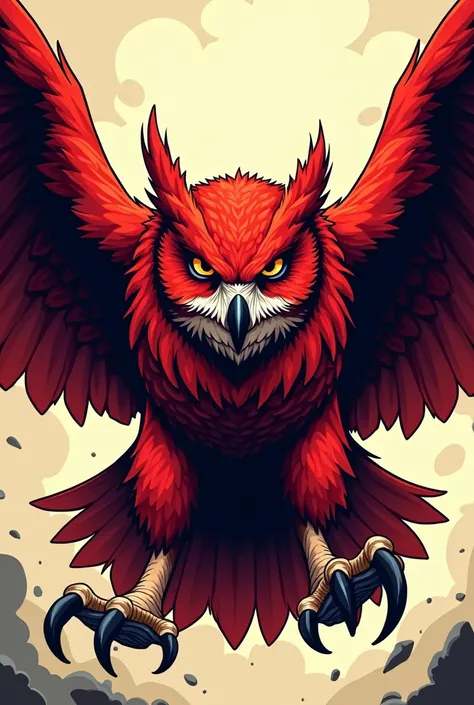 Vector of a red owl with wings spread in attack position that is completely within the image 