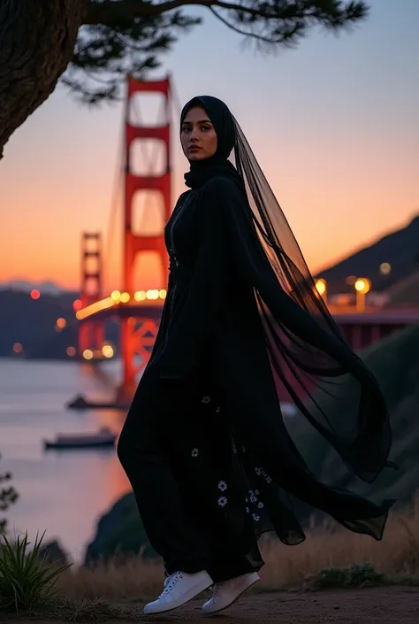 Professional photography, a very beautifull woman wearing long black hijab flowing, wearing long black floral dress calm, clean face, white shoes, jump on the tree in front of the Golden Gate Bridge at sunset. The bridge illuminated, emitting a warm light ...