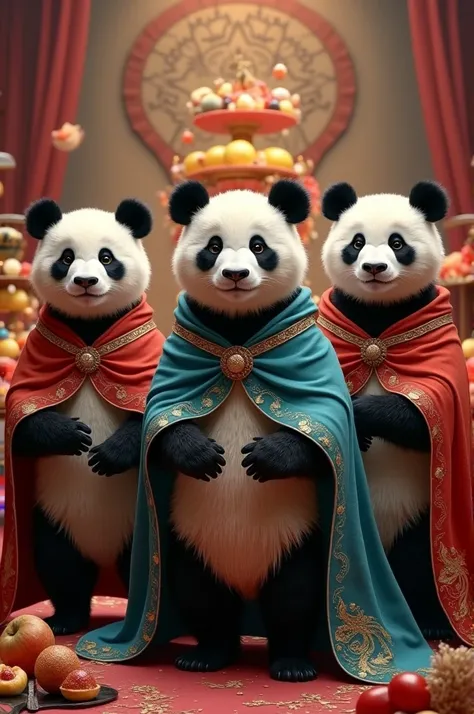 Three pandas with capes in front of a glutton 