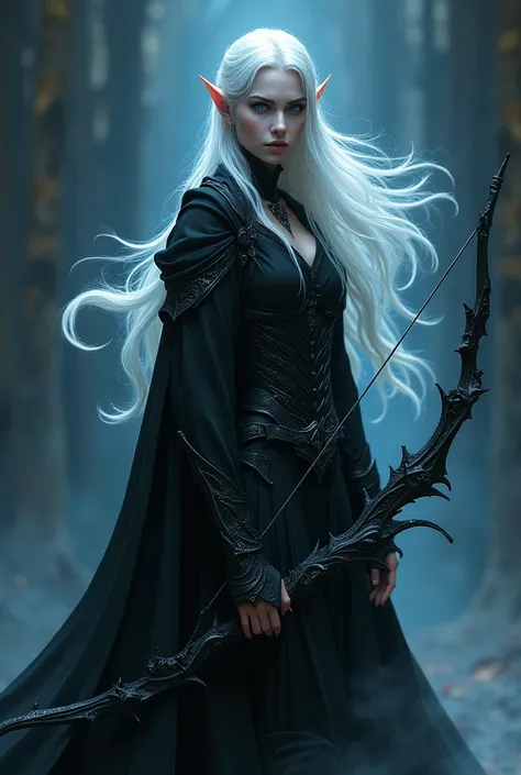 White haired elf, shining blue eyes, with a black assassin outfit and a demonic bow, with shadow powers