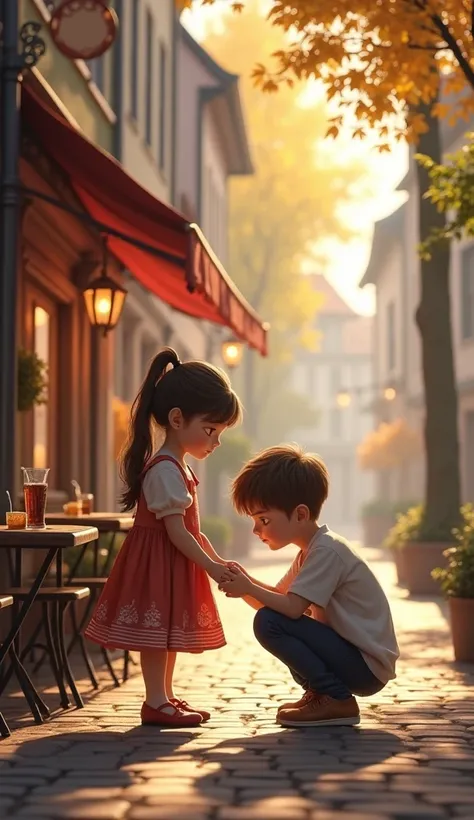 A morning scene in a German street setting with a restaurant that has tables outside. A girl is standing on the road near the restaurant, and a boy is kneeling down, tying her shoelace. The atmosphere is calm and serene, with soft morning light casting gen...