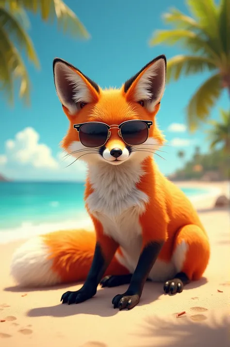 fox with sunglasses on the beach 