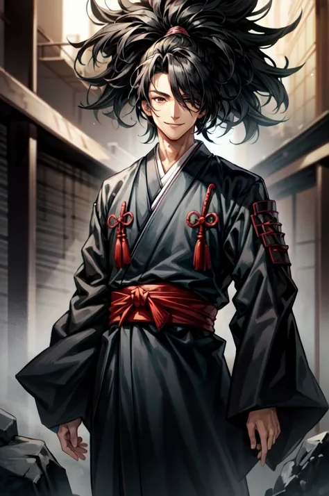 Adult male, smile, wearing black kimono, lomg Hair, black hair, black Eyes, full body, hair over eye, anime, cinematic lighting, cowboy shot, UHD, retina, masterpiece, accurate, anatomically correct, textured skin, super detail, high details, high quality,...