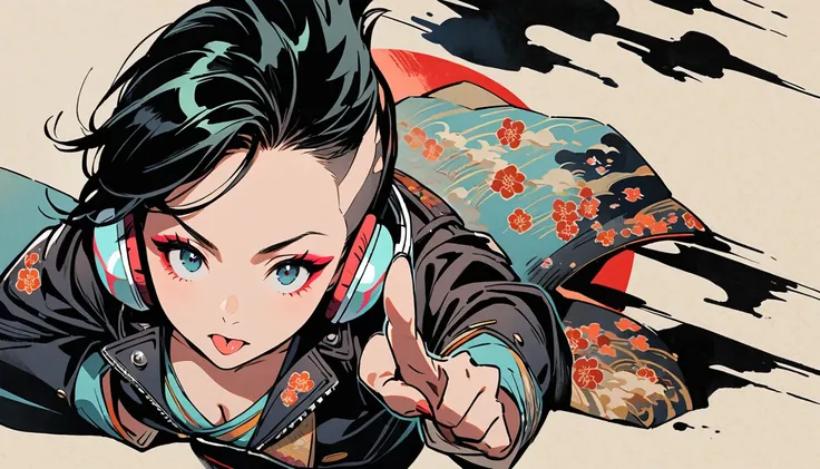 (((Ink Painting))), (((from above))), (((1 female))), (((Leather jacket with Japanese patterns))), (((Mohawk))), (((Very flashy makeup))), (((Finger guns))), Japanese style headphones, face close-up, front view, Japan人の美少女, Black Hair, Delicate and precise...