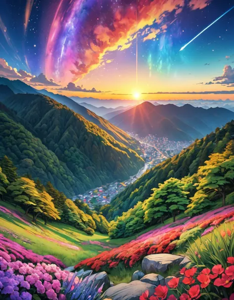 Full body illustration, One Woman, Anaにmically correct, Colorful watercolor style, chromatic aberration, A village deep in the mountains of Japan, Dark Theme,Magnificent nebulae breathtaking vibrant colors thereal interstellar other curiosity birth evoluti...