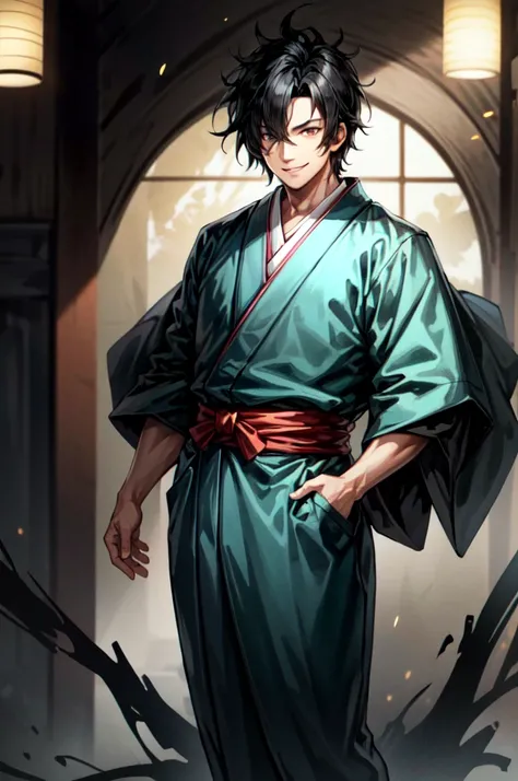 Adult male, smile, wearing black kimono, lomg Hair, black hair, black Eyes, full body, hair over eye, anime, cinematic lighting, cowboy shot, UHD, retina, masterpiece, accurate, anatomically correct, textured skin, super detail, high details, high quality,...