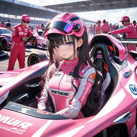 High resolution digital CG images, Beautiful futuristic girl is posing in front of a futuristic racing car,The girl has long hair that is a mixture of white and pink..She wears a pink racing suit with mecha-style decoration., The suit has lots of sponsor l...