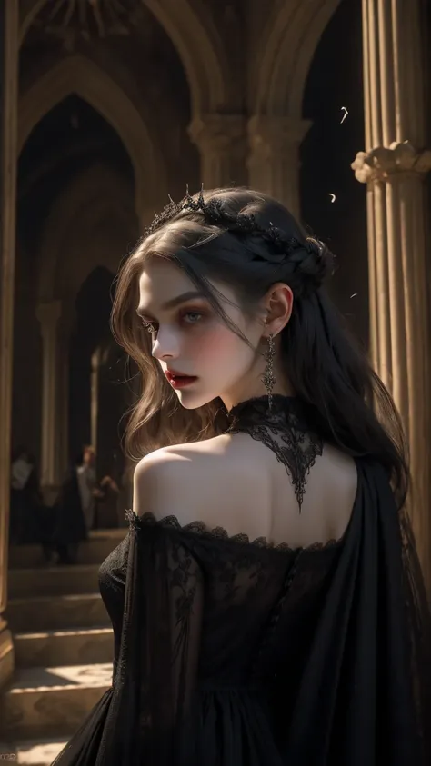 Best quality, Face focus, Soft light, Ultra high resolution, (Photorealistic:1.4), RAW photo, A hauntingly beautiful scene inspired by Sheridan Le Fanus "Carmilla," portraying a pale, ethereal vampire. Carmilla is depicted with smooth, alabaster skin that ...