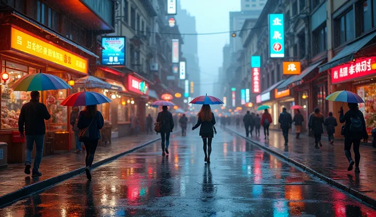 A bustling street scene just after a downpour, with people carrying umbrellas and the ground glistening with rainwater. Streetlights and shop signs reflect off the wet pavement, creating a vibrant, colorful atmosphere. The sky is clearing, with patches of ...