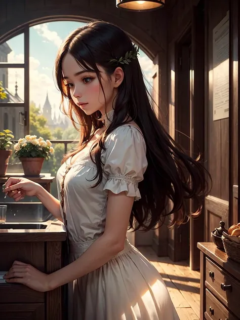 (extremely detailed, Best quality), floating, an extremely tender and beautiful scene, dreamlike, [(1 girl),(long light hair), detailed face, neck band, elegant navy blue dress, sits on an ottoman, (wide shot), (Mysterious atmosphere):1.5],, , [(peaceful r...