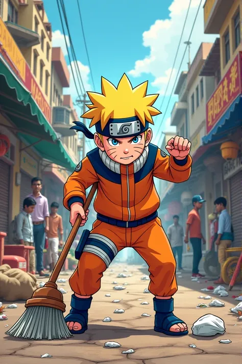 Make a cartoonish image of naruto cleaning india