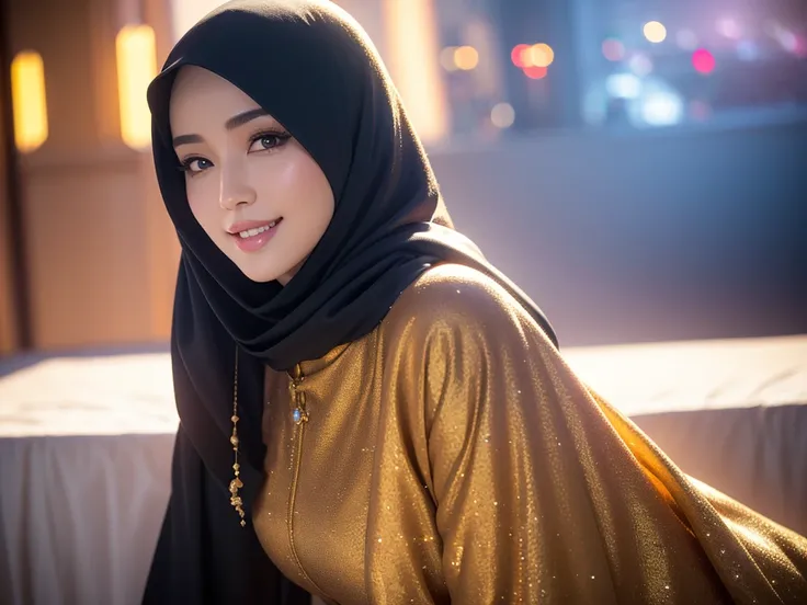 1girl, gorgeous Indonesian woman, silk abaya, hijab, smiling, shy, opened mouth, visible teeth, hot mom, full body portrait, (best quality,4k,8k,highres,masterpiece:1.2),ultra-detailed,(realistic,photorealistic,photo-realistic:1.37),HDR,UHD,studio lighting...