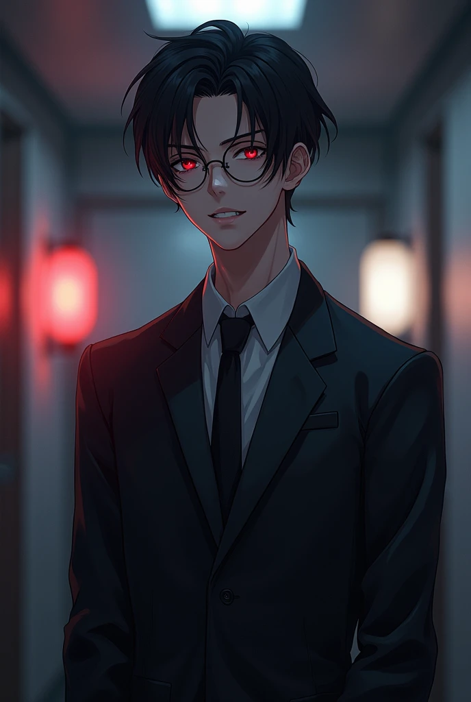 Create anime character;
{background: night}, white skin,
realistic, HDR, beautiful, korean style, full body, age 20, office clothes text: “Pras”, male, use glasses, dark black hair, like mafia, red eye, glow light, bad smile