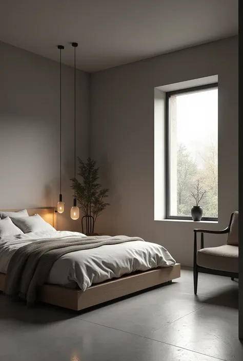 Render ultra relista , two pictures of the room , two angles of a modern young man&#39;s room , minimalist with shades of gray , Gray floor , warm lighting , Small Window 