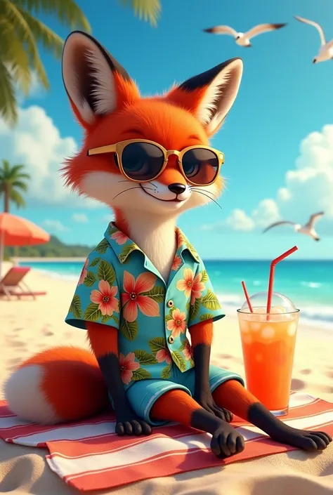 fox in beachwear wearing sunglasses on the beach 