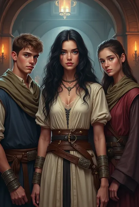 The setting is a tavern in a medieval fantasy world. I want to create the following characters. In the center, the archmage with a more serious face and wearing light clothing and long bracelets with fine metal details.. She has wavy black hair and deep bl...