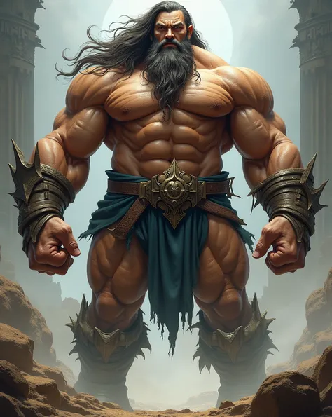 A giant bodybuilder Titan long hair with no beard 