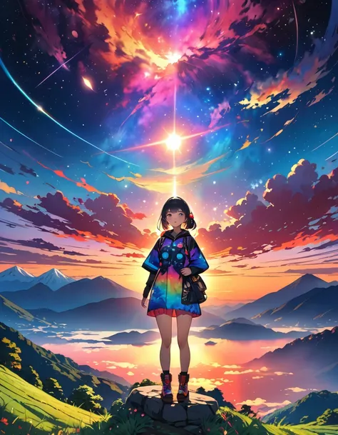 Full body illustration, One Woman, Anaにmically correct, Colorful watercolor style, chromatic aberration, A village deep in the mountains of Japan, Dark Theme,Magnificent nebulae breathtaking vibrant colors thereal interstellar other curiosity birth evoluti...