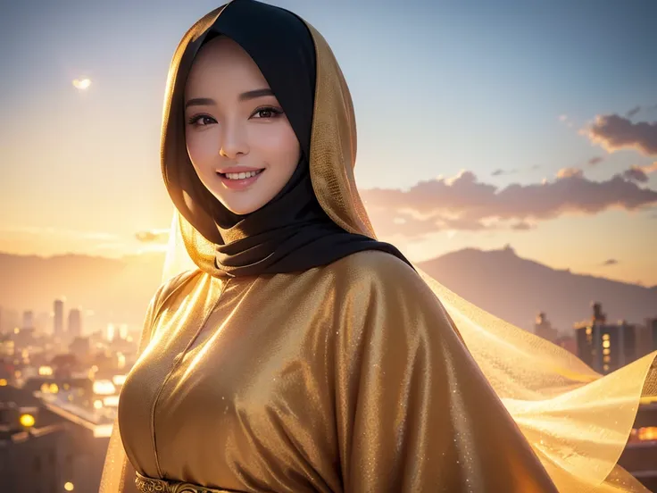 1girl, gorgeous Indonesian woman, silk abaya, hijab, smiling, shy, opened mouth, visible teeth, hot mom, full body portrait, (best quality,4k,8k,highres,masterpiece:1.2),ultra-detailed,(realistic,photorealistic,photo-realistic:1.37),HDR,UHD,studio lighting...