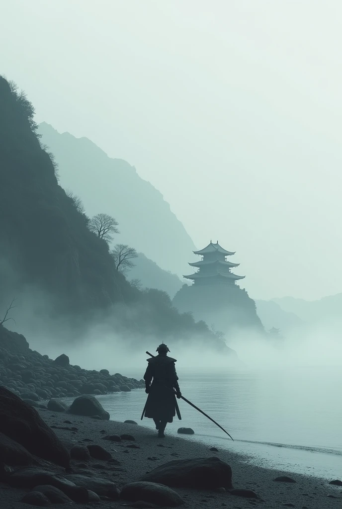 A lonely samurai walking with determination, Walking into the distance, Misty Mountains々A towering Japanese castle surrounded by. The landscape is monochromatic、The dark silhouette of the rocky shore contrasts sharply with the thin mist that surrounds the ...