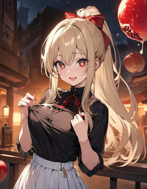 (masterpiece)、(absurdres)、(ultra detailed)、(8k),Anatomically correct,anime illustration,((solo girl),(blonde hair:1.0),(shiny red eyes:1.1),(highponytail:0.9),(a little red ribbon;1.0),(long hair:0.8),(middle breast:0.9),BREAK,(black shirts),(white middle ...