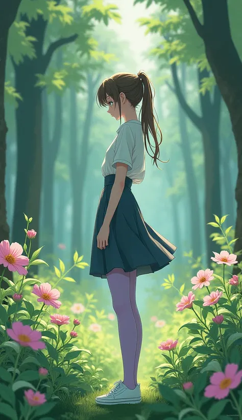 best qualtiy， tmasterpiece， Ultra-high resolution， realisticlying， 1 girl，Ponytail head，Heterochromic pupils，Long legs，（long  skirt），Head down and smell the flowers，Light purple tube stockings，Light white board shoes，ln the forest，wide angles