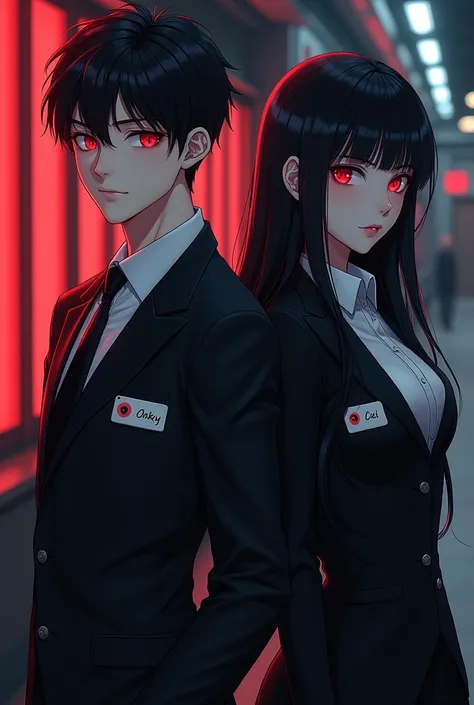 Create two anime character:

{Character 1:
{background: night}, white skin,
realistic, HDR, beautiful, korean style, full body, age 20, office clotes name card: “Onky”, male, dark black hair, like mafia, red eye, glow light, bad smile}

{Character 2:
{back...