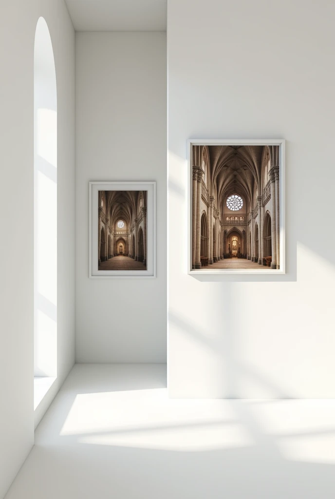 a room, without sofa, withouth People, only with a white background with two pictures on the wall with a scene that refers to the sacred, images of gospel cathedrals.