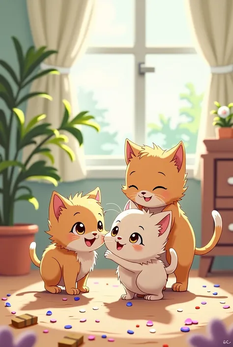 Create an anime on the topic:"Three funny kittens".