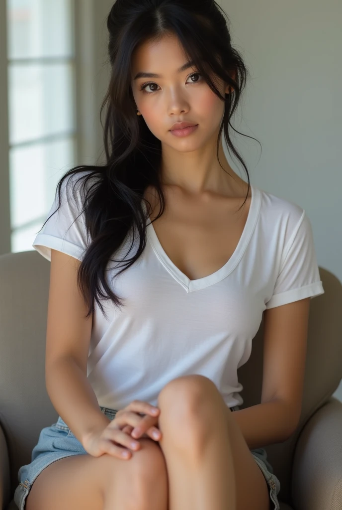 "A cute woman in her 25s with long black hair in a ponytail, big bright eyes,  wearing a white T-shirt and a skirt, sitting on a chair with her legs crossed, panties, real, erect nipples"