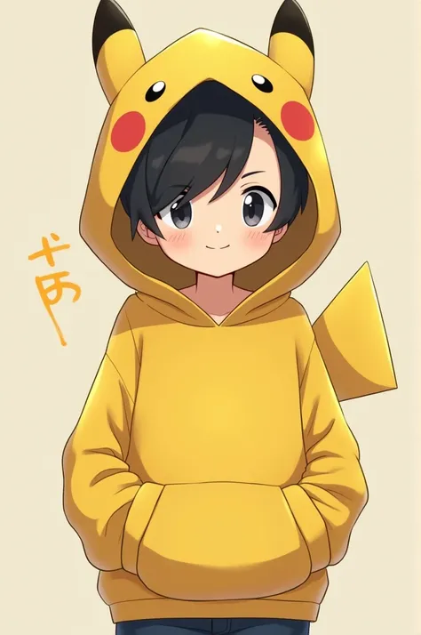 make a boy with black hair with back Hoodie pikachu head 