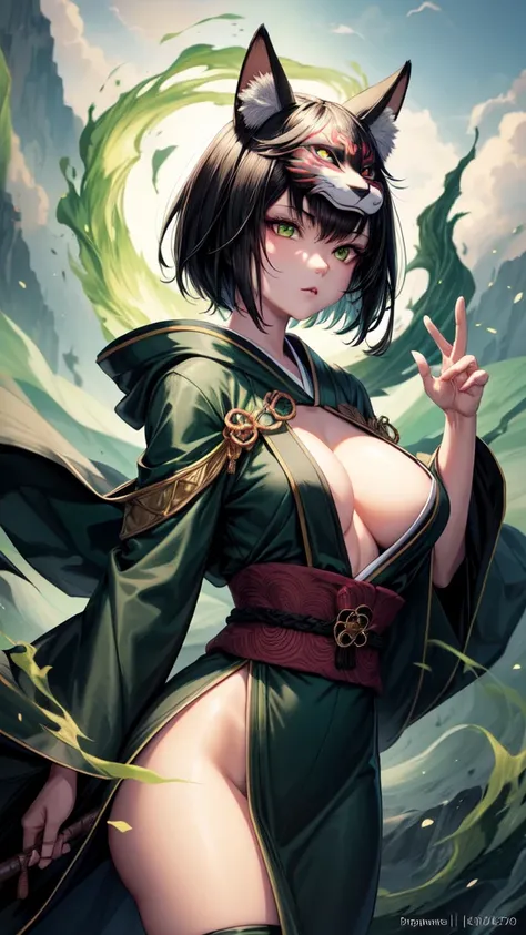 masterpiece, best quality, 1girl, short hair, black hair, japanese fox mask on face, green eyes, heavenly clouds, long wizard robe, green flames