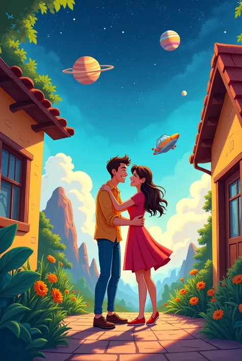 show the cartoon comic character of the young man and the young woman talking at the door of the house, overlooking the garden,, screaming with excitement and happiness, and hugging and kissing each other
show a spaceship, beautiful stars and planets in th...