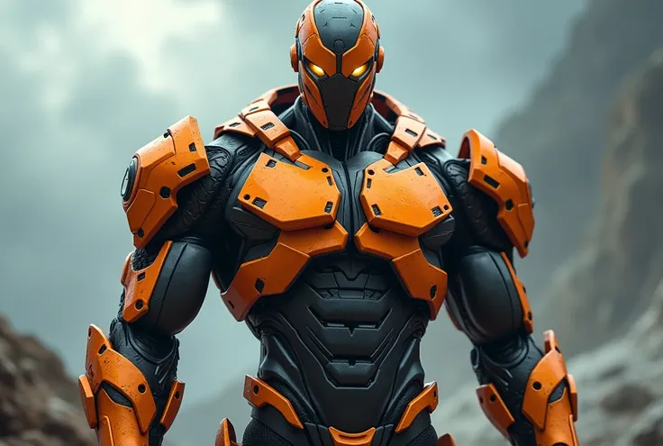 A cyborg superhero orange and black metalic costume 