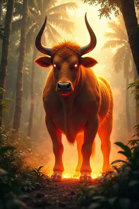 Fire cow protecting the Amazon rainforest from a human 