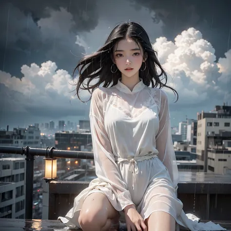 (Highest quality、4K、High resolution)、Portraiture、Beautiful and detailed eyes、Perfectly shaped nose、Full and seductive lips、shiny wet hair、A visually striking face、Ideal body type、Feminine and primitive lace dress、Stand on a rooftop and take in the city sky...