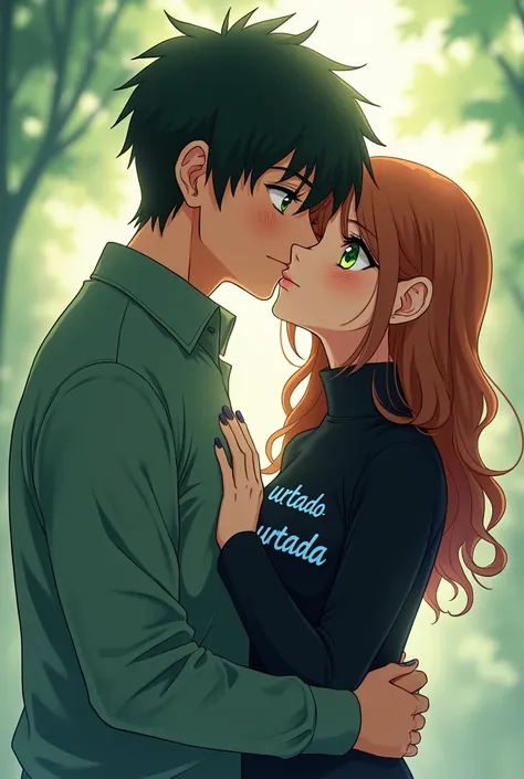 Couple arm of man with green eyes woman with brown eyes black turtleneck shirt with the name surtado and surtada with the names in Portuguese blue cause anime theme lowercase letters