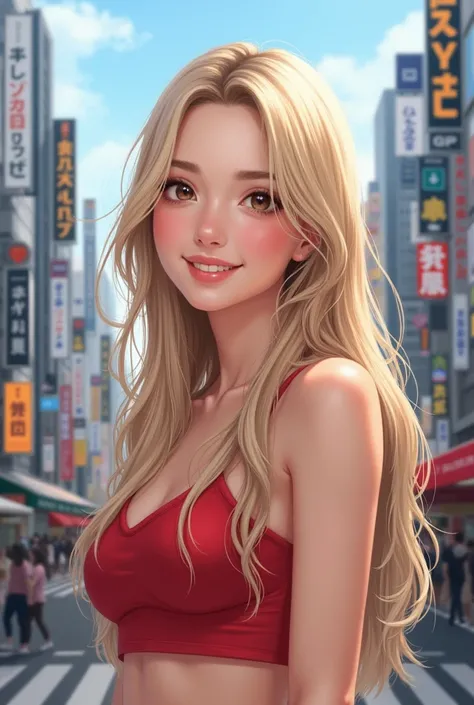 **Portrait of a woman**:
   "A realistic portrait of a young woman with long blonde hair. She wears a short , top in red and stands in Tokyo. She has a pretty smile