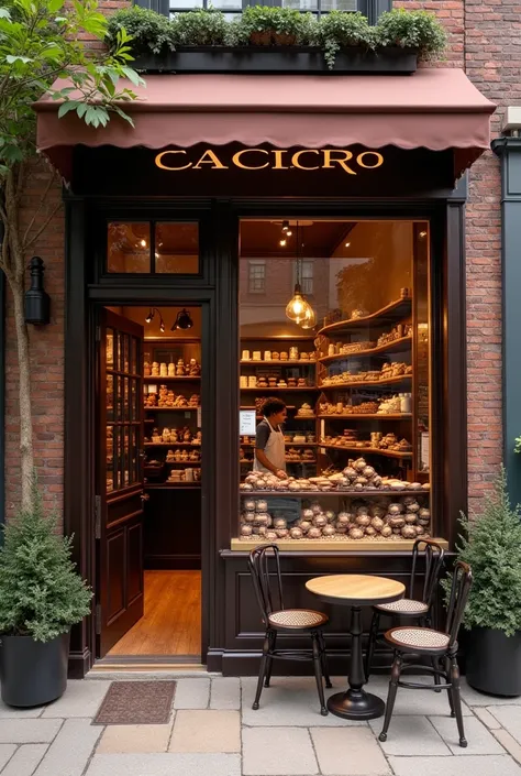 Create a chocolate shop with a display window, place 3 tables with chairs and add a cover outside
