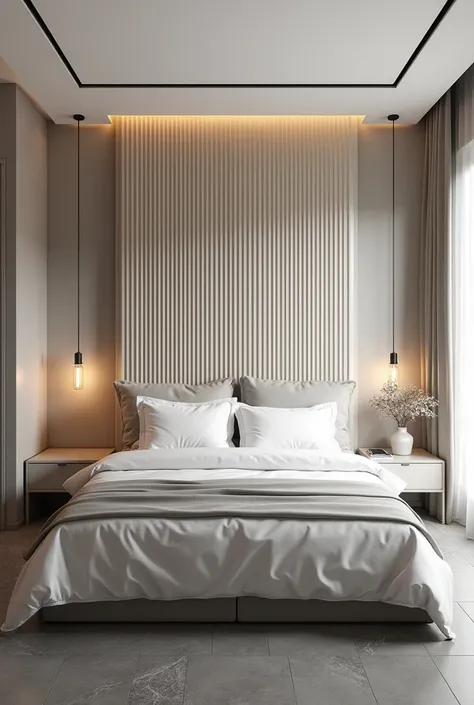 Beautiful bedroom, Headboard using corrugated panels and PVC panels , gray tile floor
