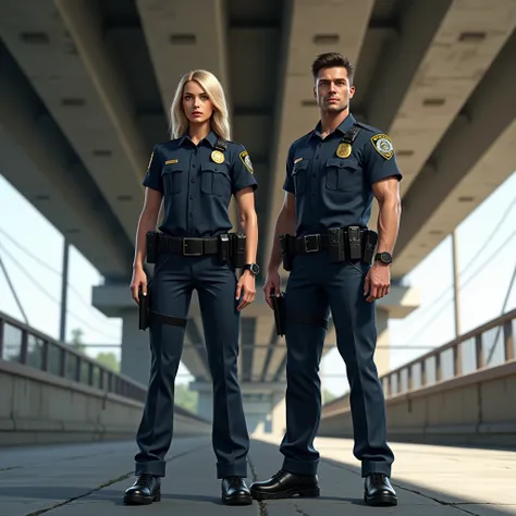 Realistic. A tall blonde female cop with athletic build. Standing side by side with her male partner under the bridge