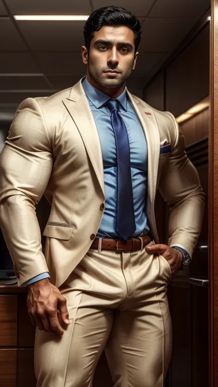 30 years old indian Rahul Khanna indian business suit man muscular man standing in office huge bulge is coming out from pant, one character, one place, one structure every thing same in all photos, stunning visual, profile image, in style of ultra realisti...